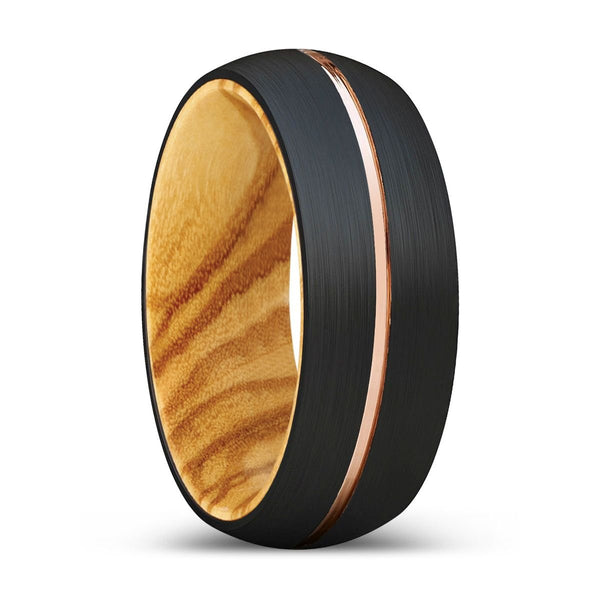 WOODS | Olive Wood, Black Tungsten Ring, Rose Gold Groove, Domed - Rings - Aydins Jewelry - 1