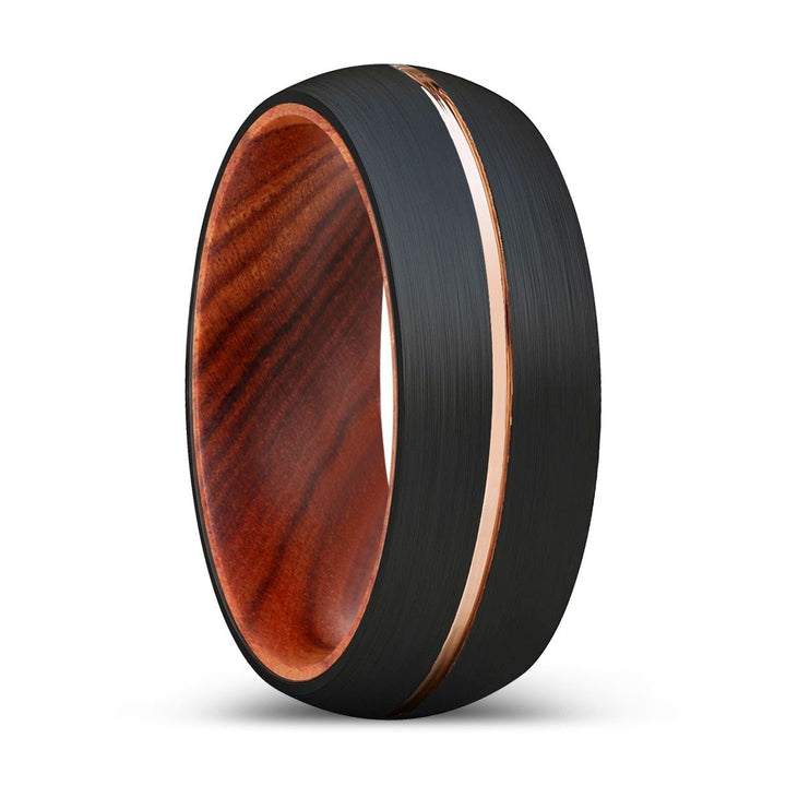 WOODY | IRON Wood, Black Tungsten Ring, Rose Gold Groove, Domed - Rings - Aydins Jewelry - 1