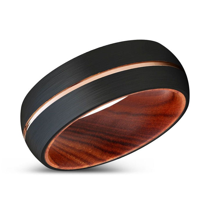 WOODY | IRON Wood, Black Tungsten Ring, Rose Gold Groove, Domed - Rings - Aydins Jewelry - 2