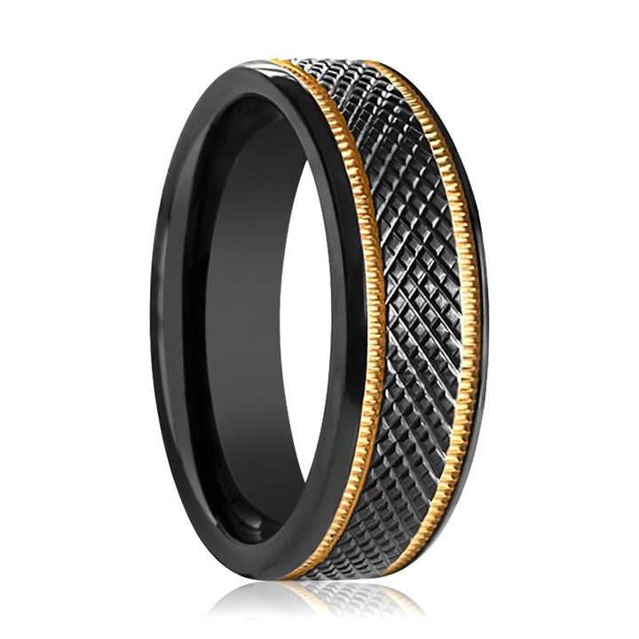 WORTHY | Black Titanium Ring Diamond Pattern & Gold Offset - Rings - Aydins Jewelry