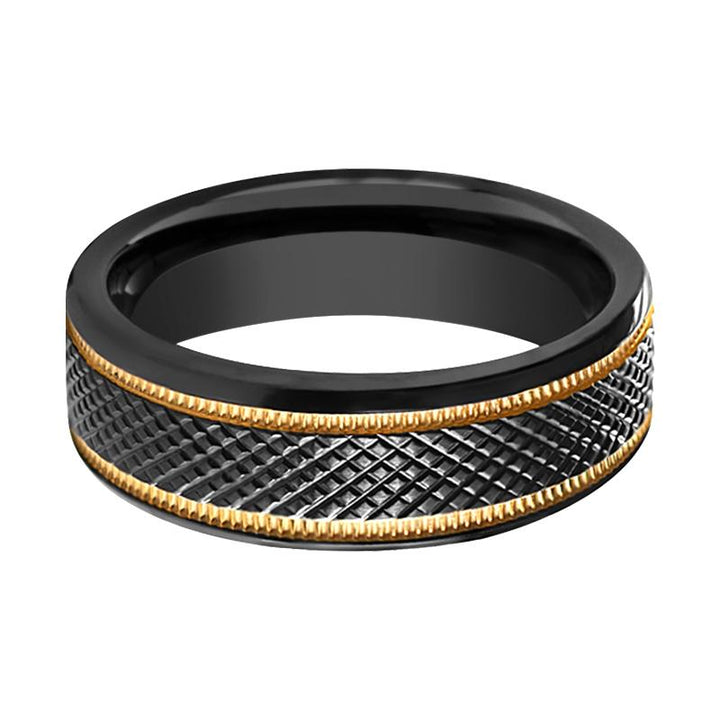 WORTHY | Black Titanium Ring Diamond Pattern & Gold Offset - Rings - Aydins Jewelry