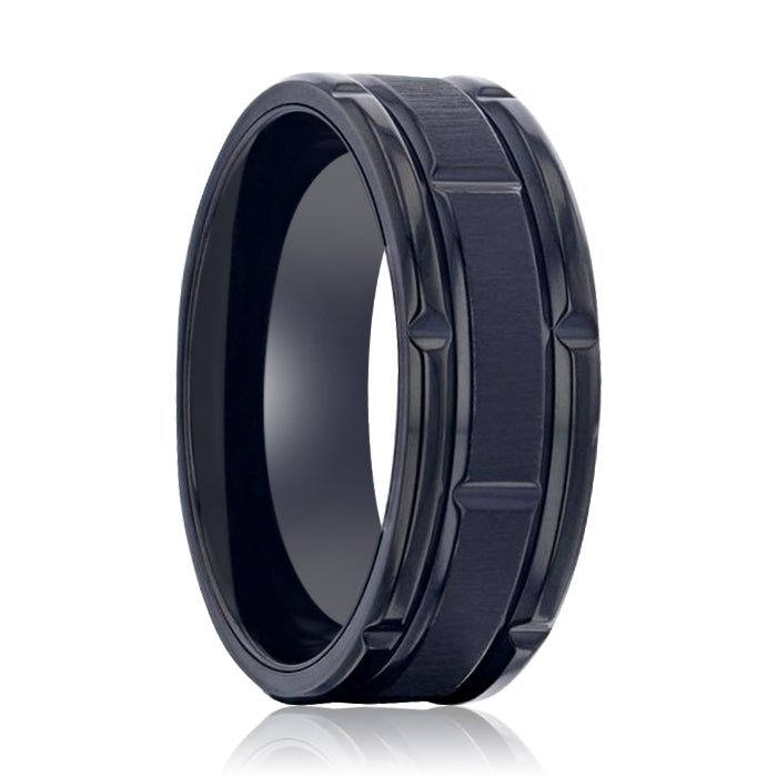 WYNN | Black Titanium Men's Wedding Band With Alternating Grooved - Rings - Aydins Jewelry - 1