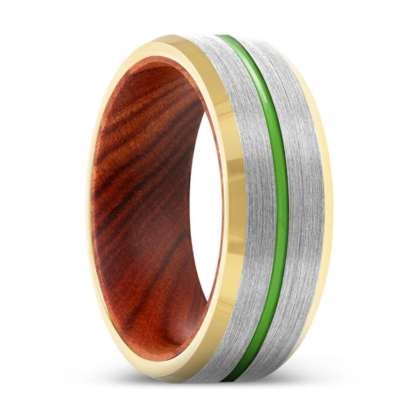 XUTRON | Iron Wood, Silver Tungsten Ring, Green Groove, Gold Beveled Edge - Rings - Aydins Jewelry - 1