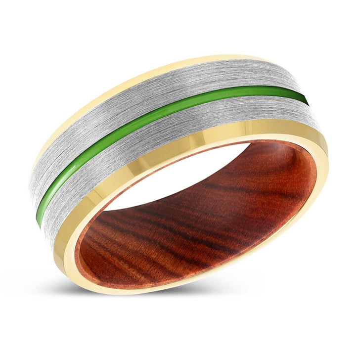 XUTRON | Iron Wood, Silver Tungsten Ring, Green Groove, Gold Beveled Edge - Rings - Aydins Jewelry - 2