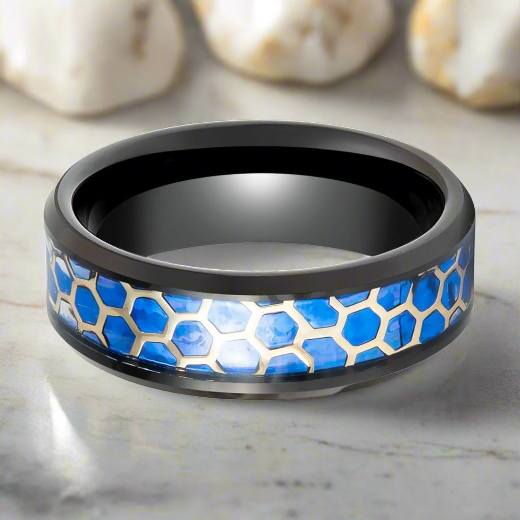  Aydins Jewelry's YANKTON Ring - Beveled Edge Design with Blue Honeycomb Inlay