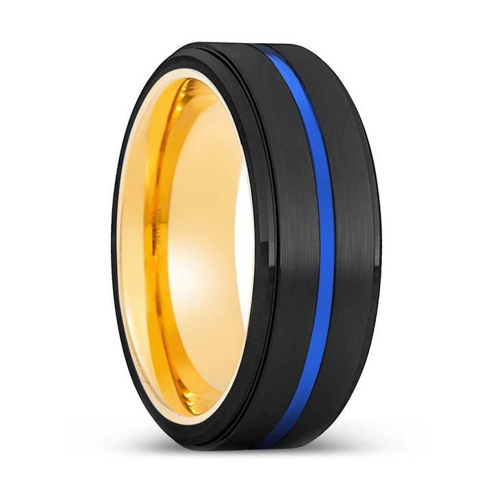 YASH | Gold Ring, Black Tungsten Ring, Blue Groove, Stepped Edge - Rings - Aydins Jewelry