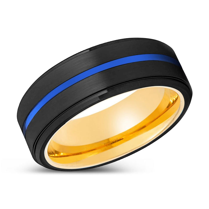 YASH | Gold Ring, Black Tungsten Ring, Blue Groove, Stepped Edge - Rings - Aydins Jewelry
