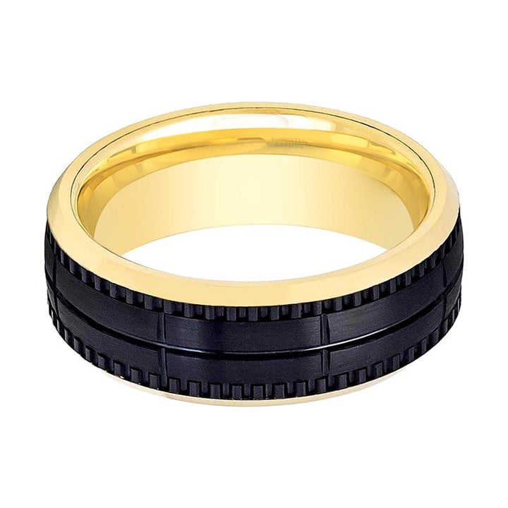 Yellow Gold Beveled Men's Black Tungsten Wedding Band with an inset Groove in Center and Block Center Pattern - Rings - Aydins Jewelry