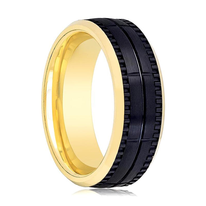 Yellow Gold Beveled Men's Black Tungsten Wedding Band with an inset Groove in Center and Block Center Pattern - Rings - Aydins Jewelry