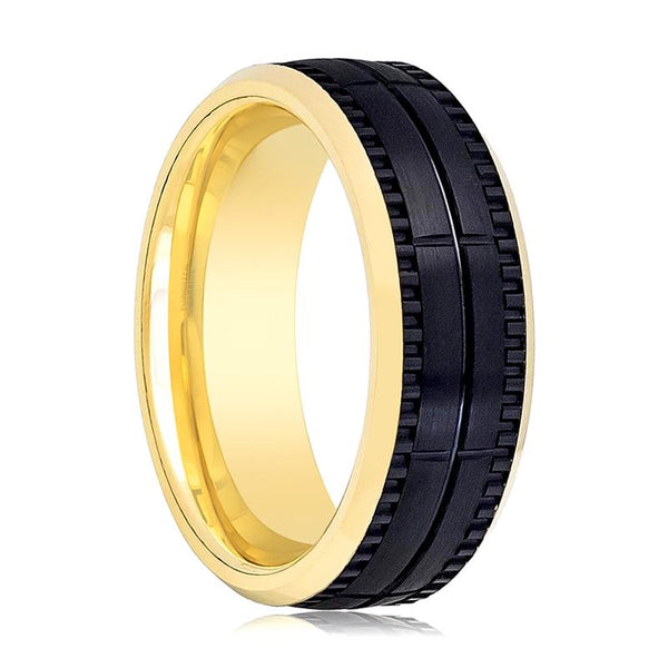 Yellow Gold Beveled Men's Black Tungsten Wedding Band with an inset Groove in Center and Block Center Pattern - Rings - Aydins Jewelry - 1