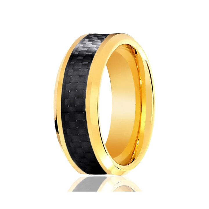 Yellow Gold High Polished Tungsten Ring with Black Carbon Fiber Inlay Beveled Edge - Rings - Aydins Jewelry