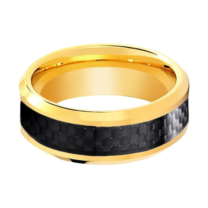 Yellow Gold High Polished Tungsten Ring with Black Carbon Fiber Inlay Beveled Edge - Rings - Aydins Jewelry - 2