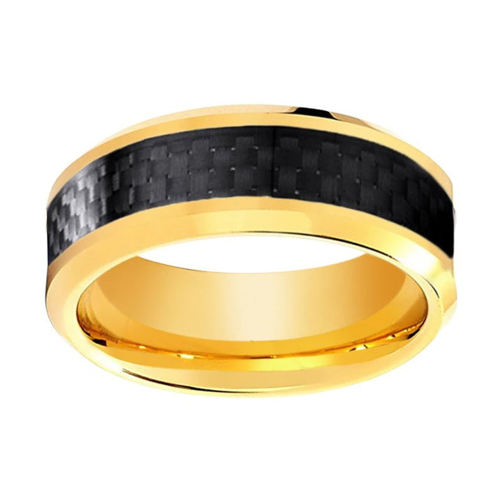 Yellow Gold High Polished Tungsten Ring with Black Carbon Fiber Inlay Beveled Edge - Rings - Aydins Jewelry