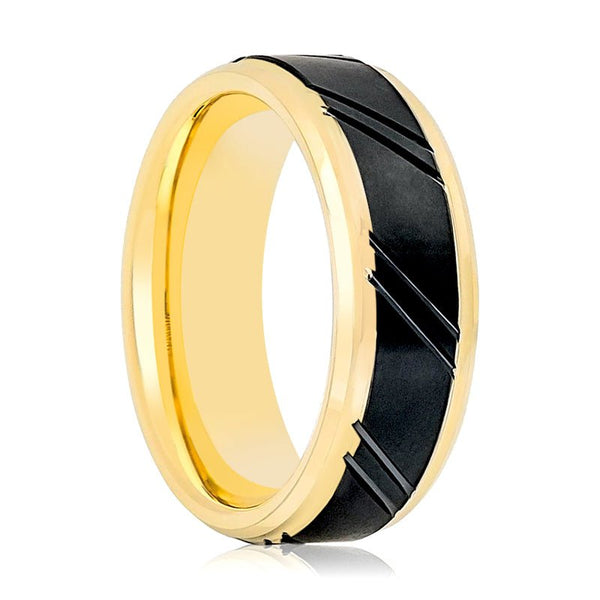 Yellow Gold Ring Stepped Edge with Black Diagonally Grooved Center Brushed Finish - Rings - Aydins Jewelry - 1