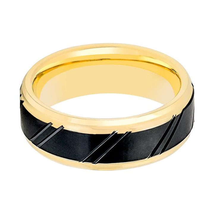 Yellow Gold Ring Stepped Edge with Black Diagonally Grooved Center Brushed Finish - Rings - Aydins Jewelry - 2