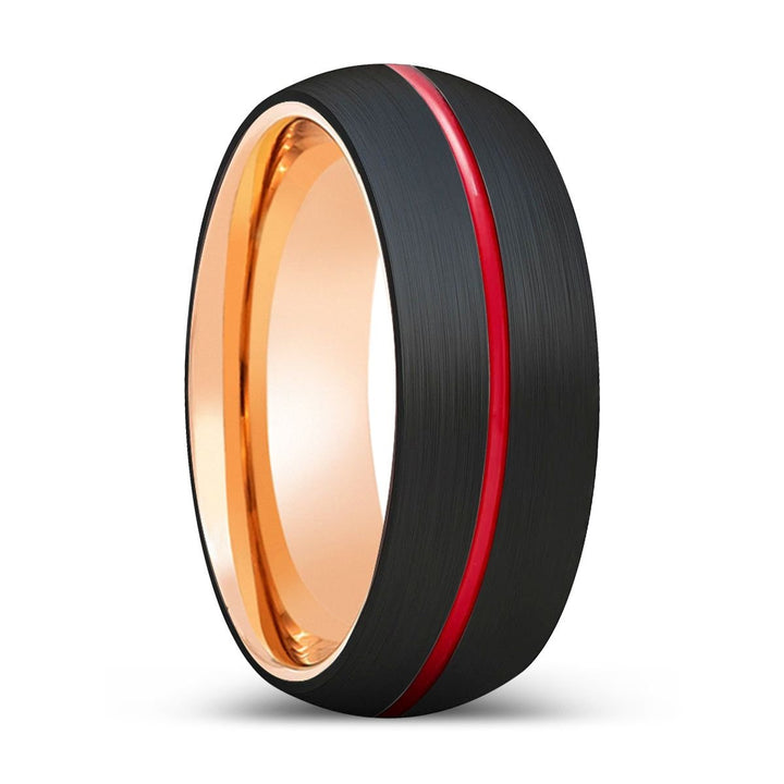 YOGHI | Rose Gold Ring, Black Tungsten Ring, Red Groove, Domed - Rings - Aydins Jewelry