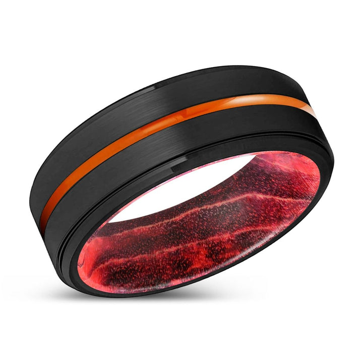 YONKERS | Black & Red Wood, Black Tungsten Ring, Orange Groove, Stepped Edge - Rings - Aydins Jewelry