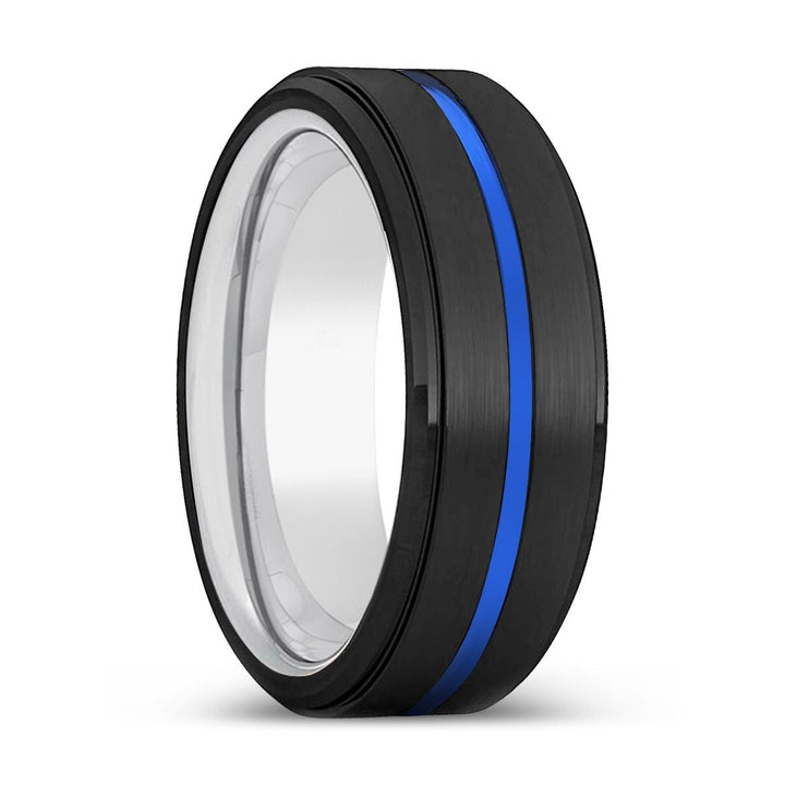 YOSHII | Silver Ring, Black Tungsten Ring, Blue Groove, Stepped Edge - Rings - Aydins Jewelry - 1