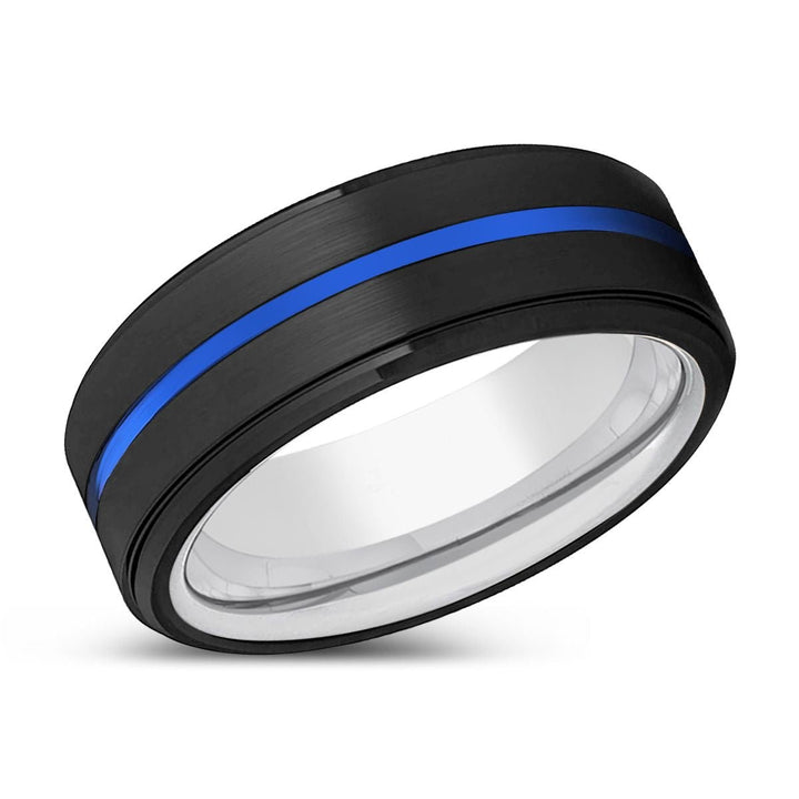 YOSHII | Silver Ring, Black Tungsten Ring, Blue Groove, Stepped Edge - Rings - Aydins Jewelry - 2