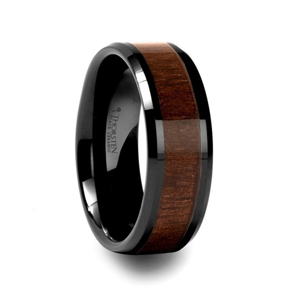 YUKON | Black Ceramic Ring, Black Walnut Wood Inlay, 10mm, 12mm