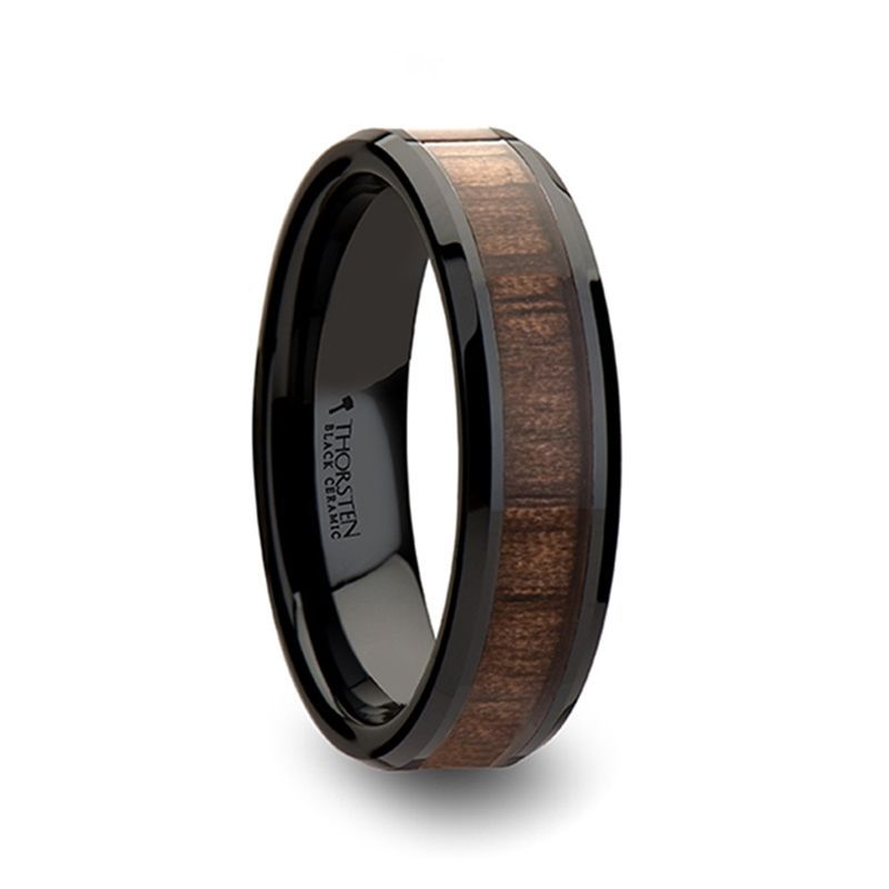 YUKON | Black Ceramic Ring, Black Walnut Wood Inlay, Beveled, 4mm, 6mm, 8mm