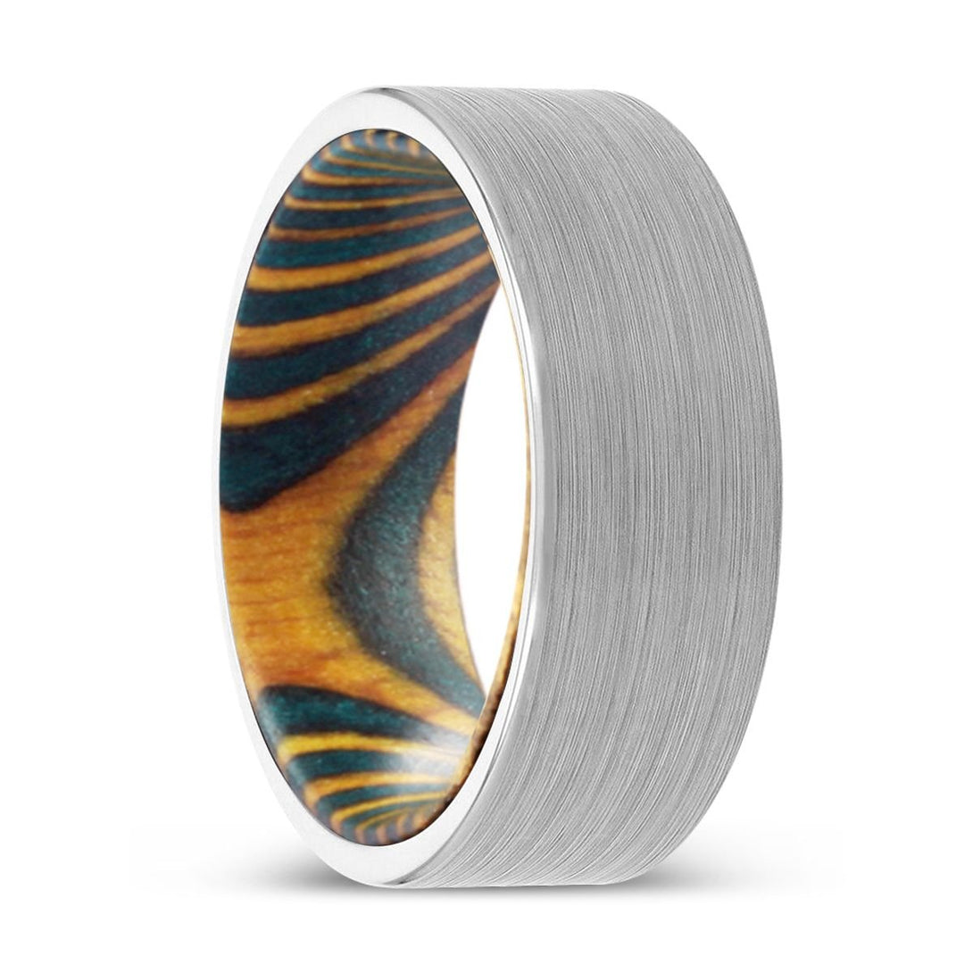 ZAYD | Green & Yellow Wood, White Tungsten Ring, Brushed, Flat - Rings - Aydins Jewelry - 1