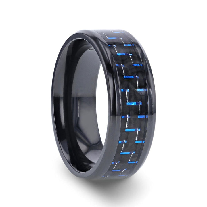 ZAYDEN | Black Titanium Ring, Blue & Black Carbon Fiber Inlay, Beveled - Rings - Aydins Jewelry - 1