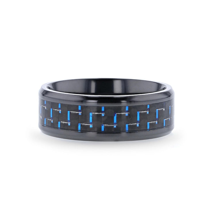 ZAYDEN | Black Titanium Ring, Blue & Black Carbon Fiber Inlay, Beveled - Rings - Aydins Jewelry - 3