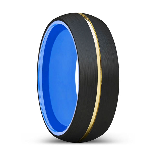 ZDENO | Blue Ring, Black Tungsten Ring, Gold Groove, Domed