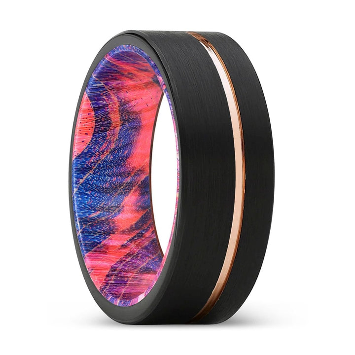 ZEAL | Blue & Red Wood, Black Tungsten Ring, Rose Gold Offset Groove, Brushed, Flat - Rings - Aydins Jewelry - 1