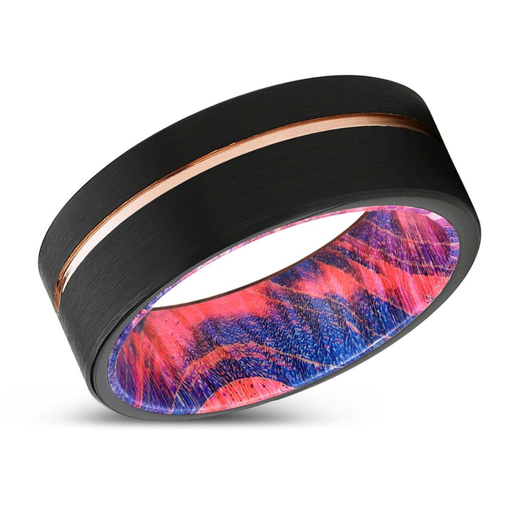 ZEAL | Blue & Red Wood, Black Tungsten Ring, Rose Gold Offset Groove, Brushed, Flat - Rings - Aydins Jewelry - 2