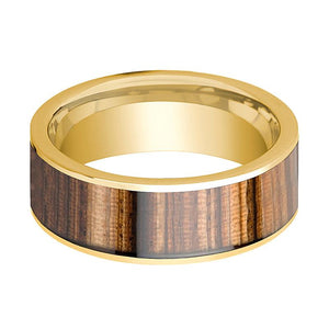 Zebra Wood inlay 14k yellow gold wedding band 8mm, side profile