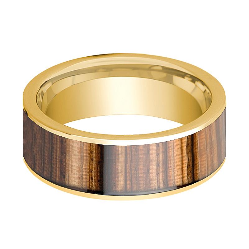 Zebra Wood inlay 14k yellow gold wedding band 8mm, side profile