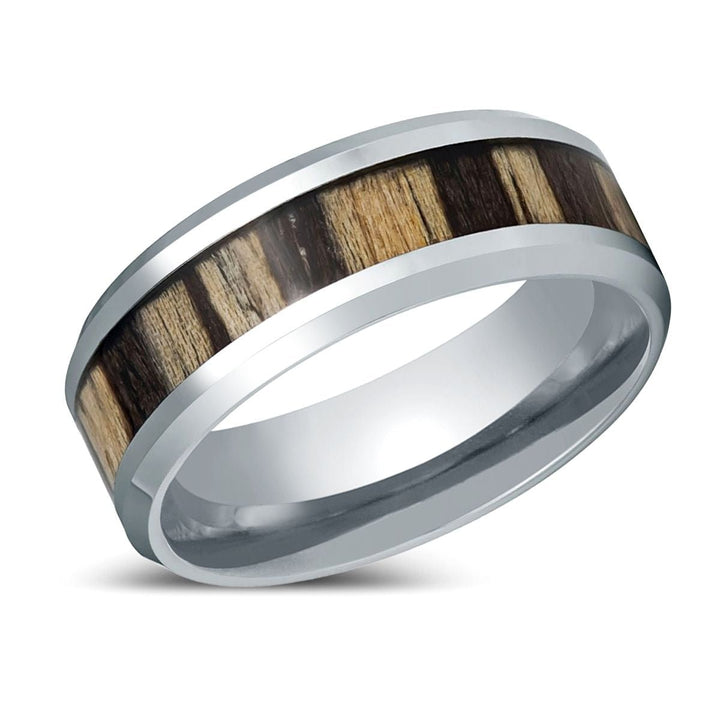 ZEBRINE | Silver Tungsten Ring, Zebra Wood Inlay, Beveled - Ring - Aydins Jewelry