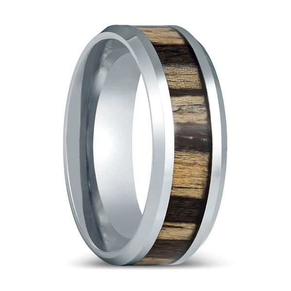 ZEBRINE | Silver Tungsten Ring, Zebra Wood Inlay, Beveled Edge - Ring - Aydins Jewelry - 1