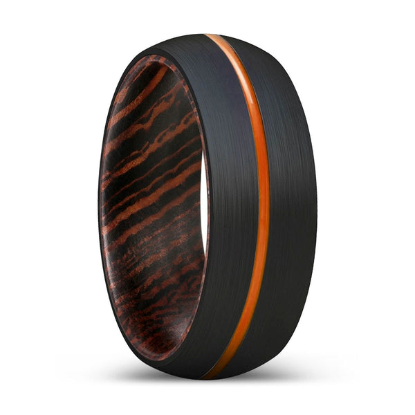 ZENITH | Wenge Wood, Black Tungsten Ring, Orange Groove, Domed - Rings - Aydins Jewelry - 1