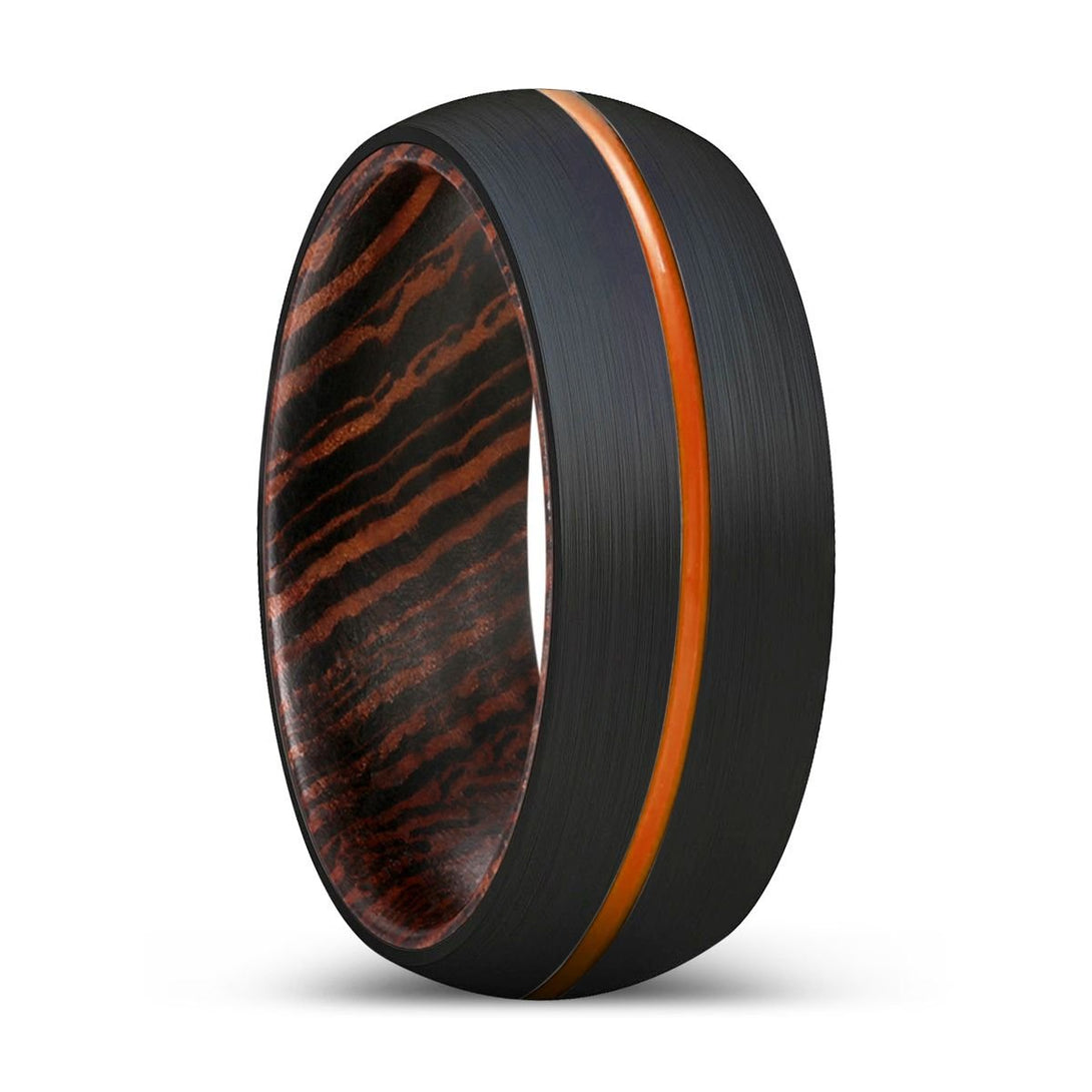 ZENITH | Wenge Wood, Black Tungsten Ring, Orange Groove, Domed - Rings - Aydins Jewelry - 1