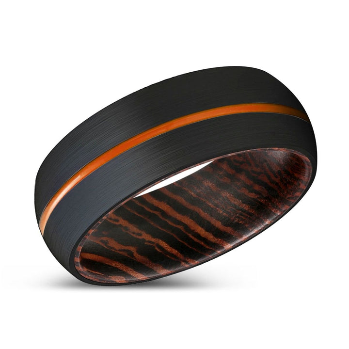 ZENITH | Wenge Wood, Black Tungsten Ring, Orange Groove, Domed - Rings - Aydins Jewelry - 2