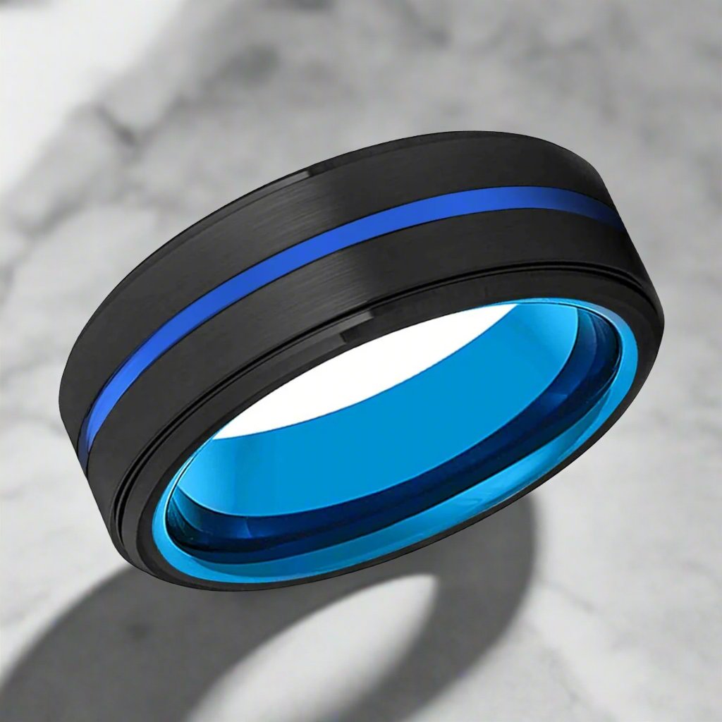 ZENVO | Blue Tungsten Ring, Black Tungsten Stepped Edge Blue Groove - Rings - Aydins Jewelry - 2