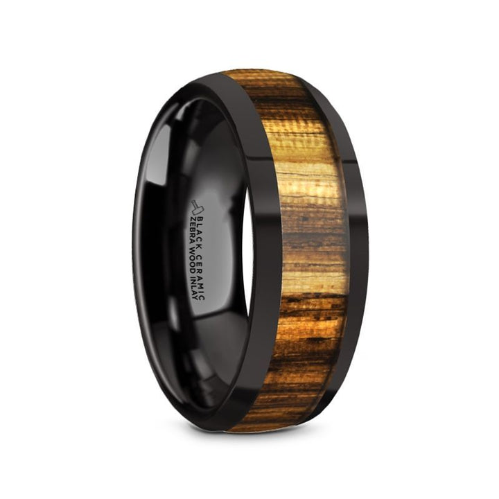 ZERRA | Black Ceramic Ring, Zebra Wood Inlay, Domed - Rings - Aydins Jewelry - 1