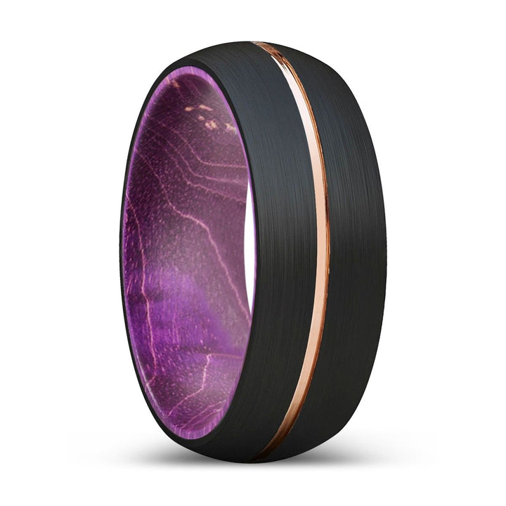 ZETTER | Purple Wood, Black Tungsten Ring, Rose Gold Groove, Domed - Rings - Aydins Jewelry