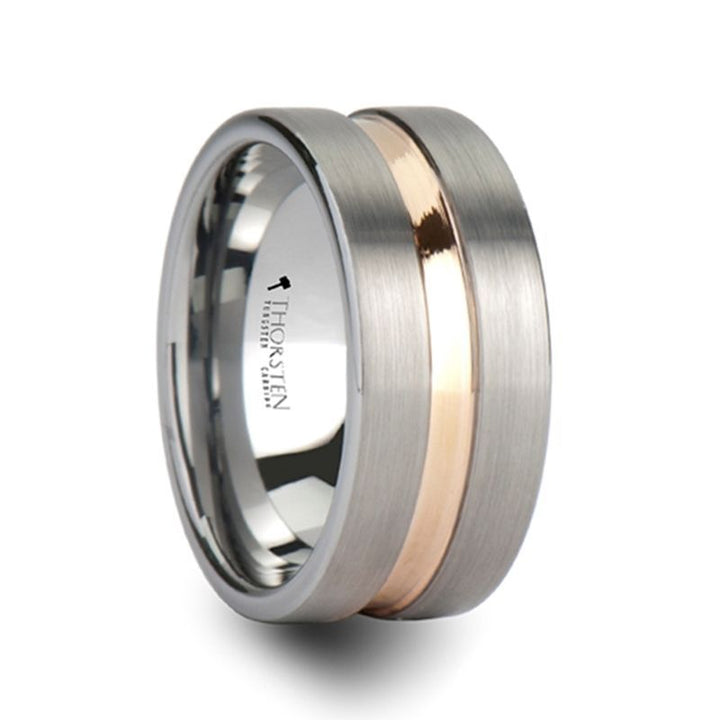 ZEUS | Silver Tungsten Ring, Rose Gold Groove, Flat - Rings - Aydins Jewelry - 5