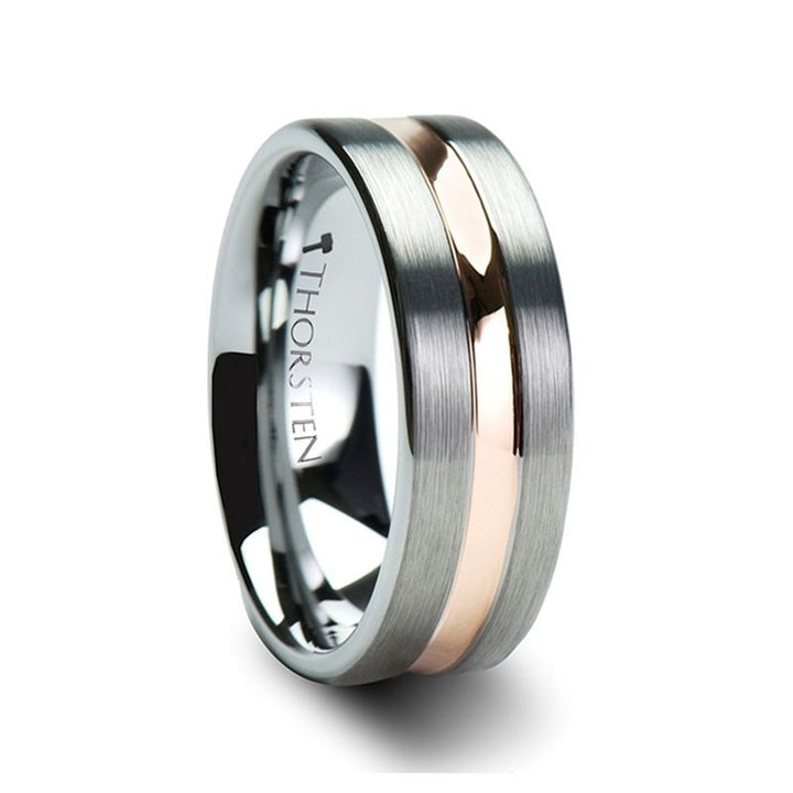 ZEUS | Silver Tungsten Ring, Rose Gold Groove, Flat - Rings - Aydins Jewelry - 4