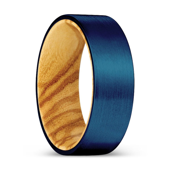 ZIGZAG | Olive Wood, Blue Tungsten Ring, Brushed, Flat - Rings - Aydins Jewelry
