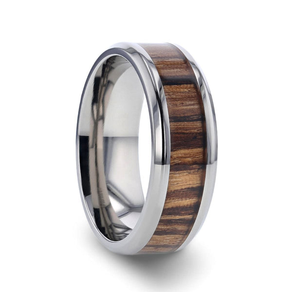 ZINGANA | Silver Titanium Ring, Zebra Wood Inlay, Beveled - Rings - Aydins Jewelry - 1