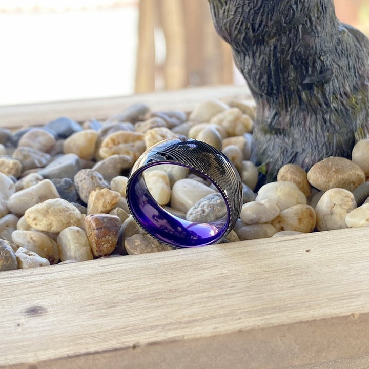 ZINNIA | Purple Ring, Gunmetal Damascus Steel Ring, Domed - Rings - Aydins Jewelry - 5