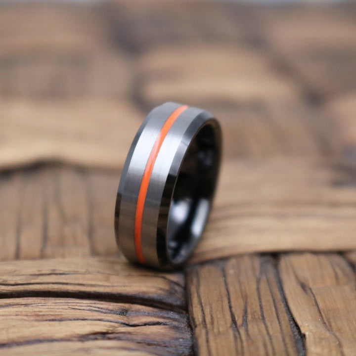 ZORRO | Black Ring, Silver Brushed Orange Groove Black Beveled - Rings - Aydins Jewelry