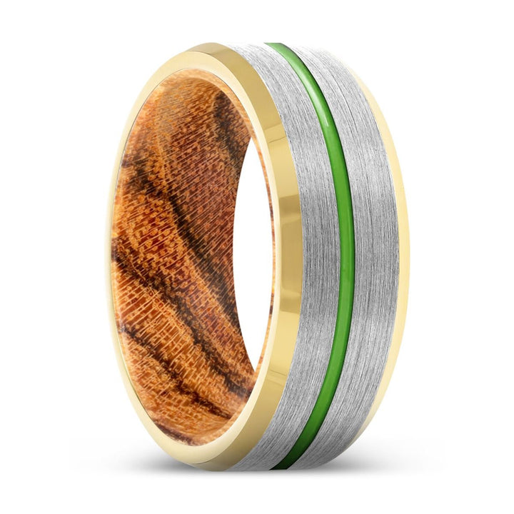 ZUCCA | Bocote Wood, Silver Tungsten Ring, Green Groove, Gold Beveled Edge - Rings - Aydins Jewelry