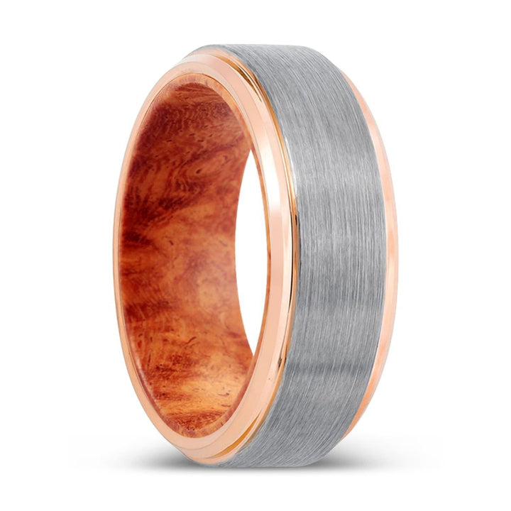 ZYN | Red Burl Wood, Silver Tungsten Ring, Brushed, Rose Gold Stepped Edge - Rings - Aydins Jewelry - 1