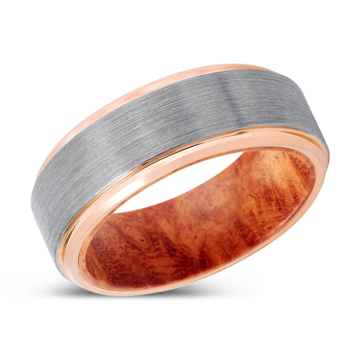 ZYN | Red Burl Wood, Silver Tungsten Ring, Brushed, Rose Gold Stepped Edge - Rings - Aydins Jewelry - 2